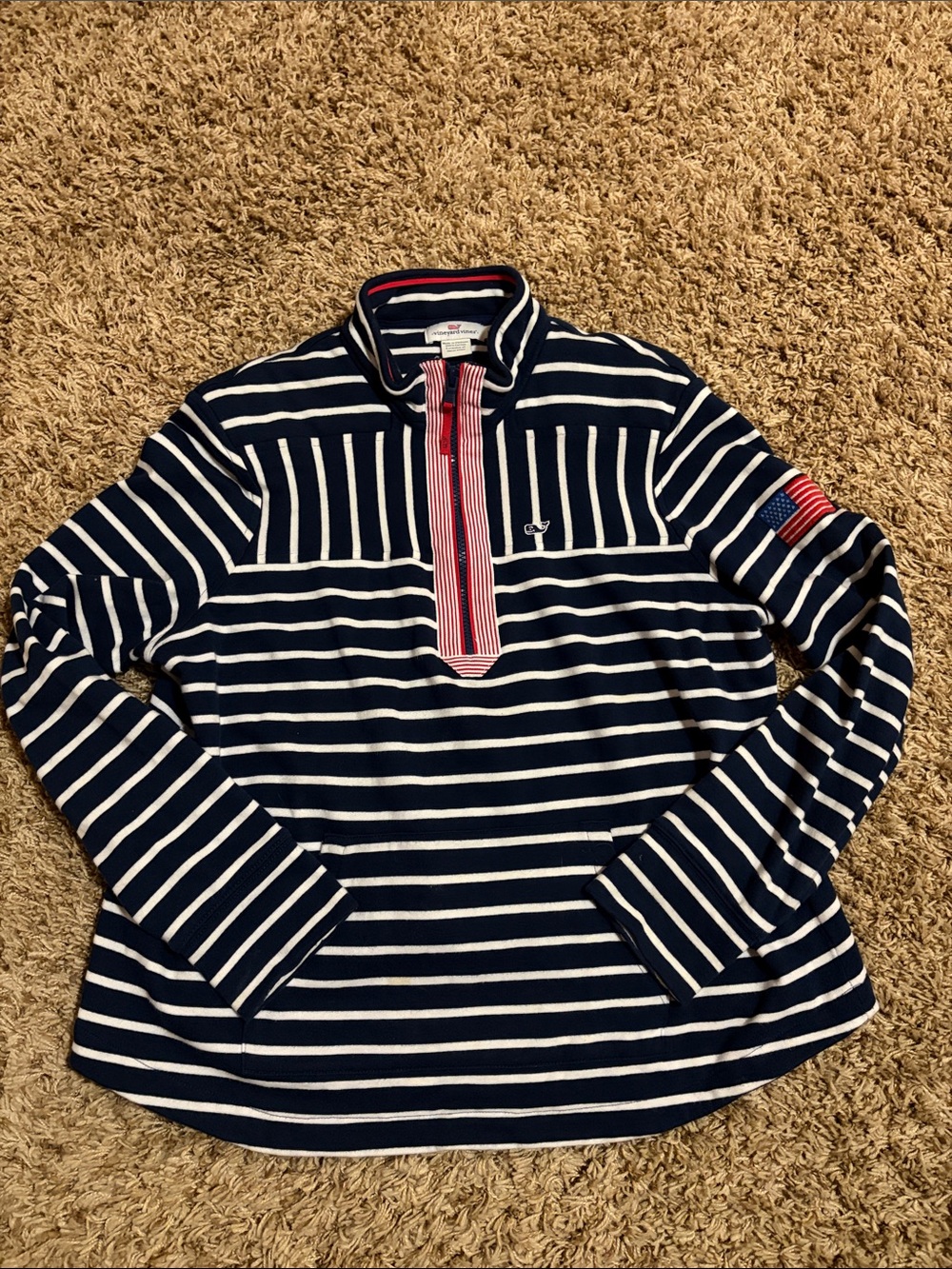 Vineyard Vines Navy and White Striped Quarter-Zip Sweatshirt with Red Trim